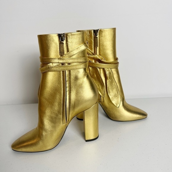 SAINT LAURENT Lou Metallic Gold Leather Ankle-Wrap Boot - Picture 3 of 8